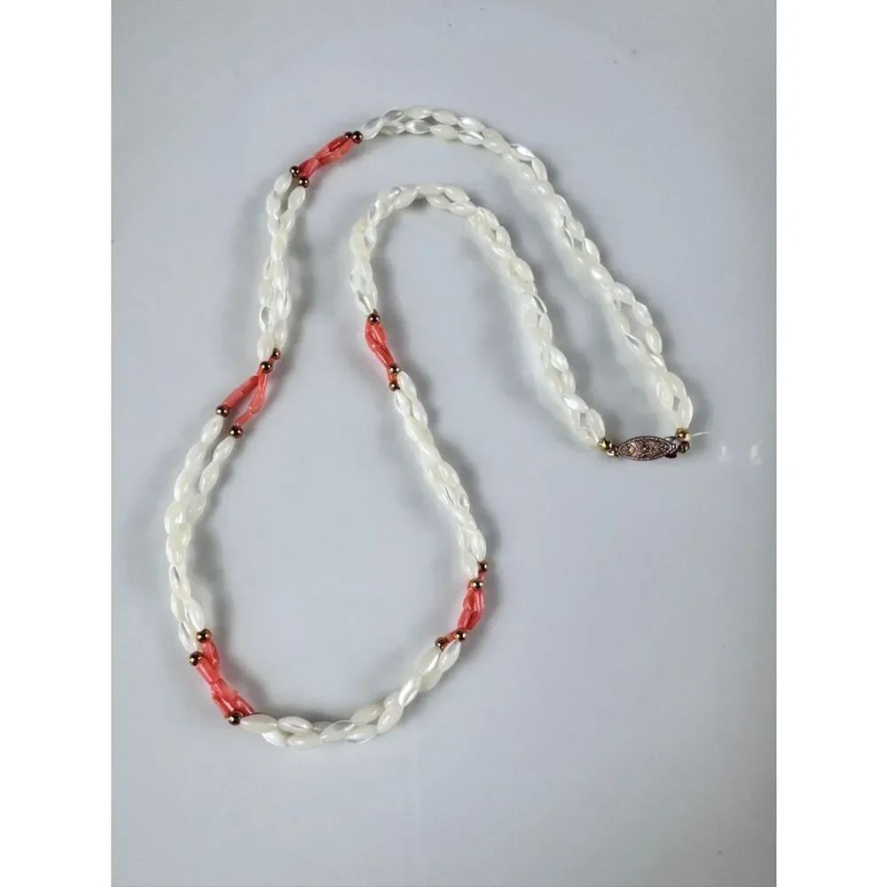 Vintage Mother Of Pearl White and Coral Beaded Necklace with Gold Accents